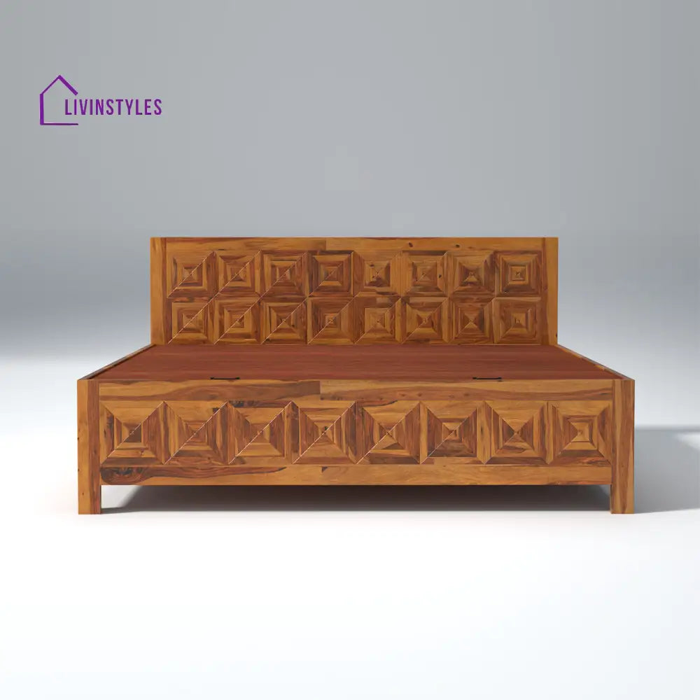 Lilia Sheesham Wood Hydraulic Bed in Light Honey Finish With Box Storage