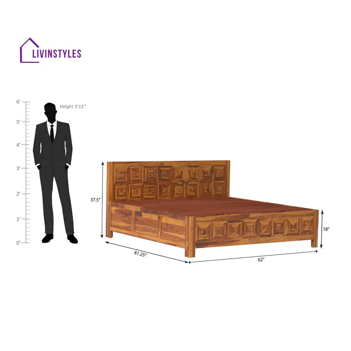 Lilia Sheesham Wood Hydraulic Bed in Light Honey Finish With Box Storage