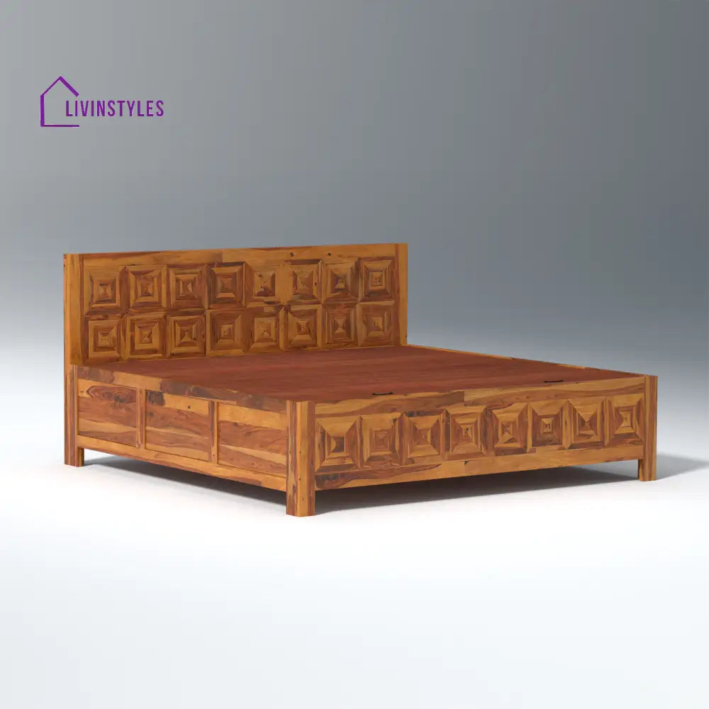 Lilia Sheesham Wood Hydraulic Bed in Light Honey Finish With Box Storage