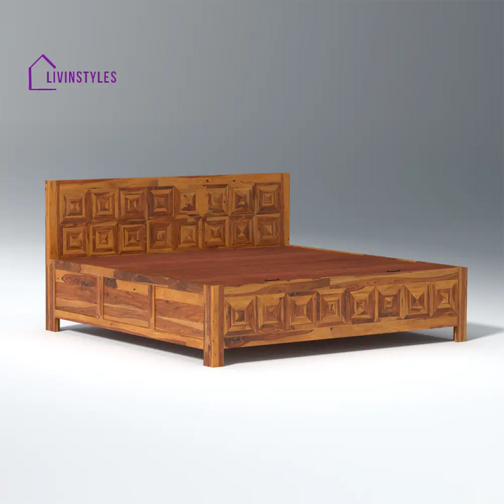 Lilia Sheesham Wood Hydraulic Bed in Light Honey Finish With Box Storage