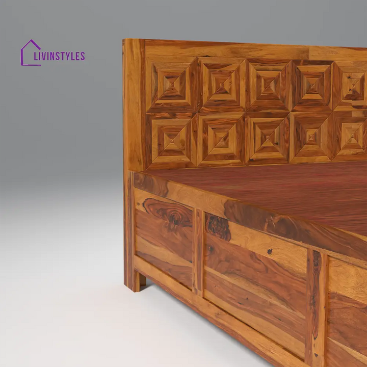 Lilia Sheesham Wood Hydraulic Bed in Light Honey Finish With Box Storage