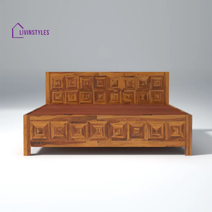 Lilia Sheesham Wood Hydraulic Bed in Light Honey Finish With Box Storage