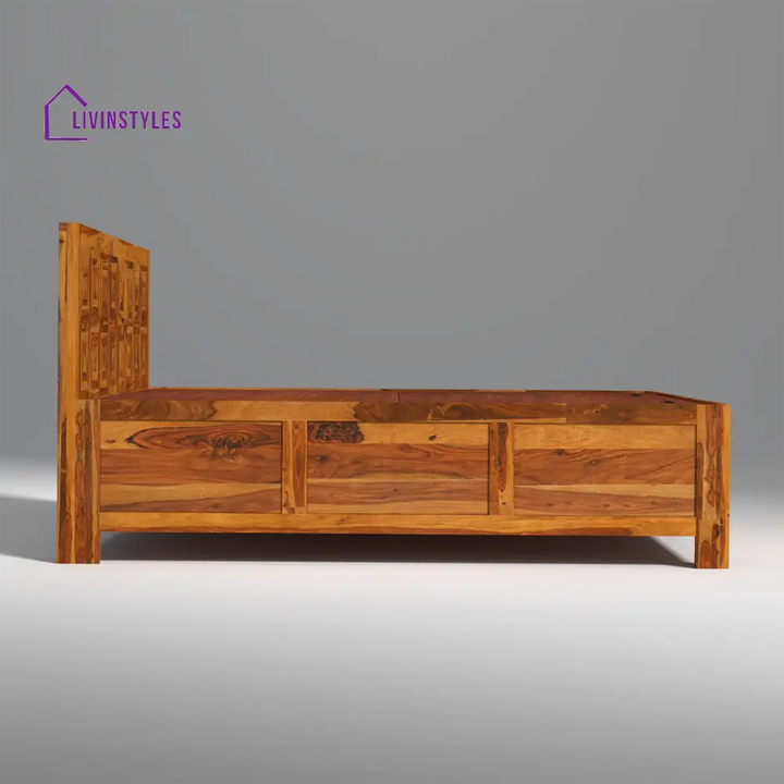 Lilia Sheesham Wood Hydraulic Bed in Light Honey Finish With Box Storage