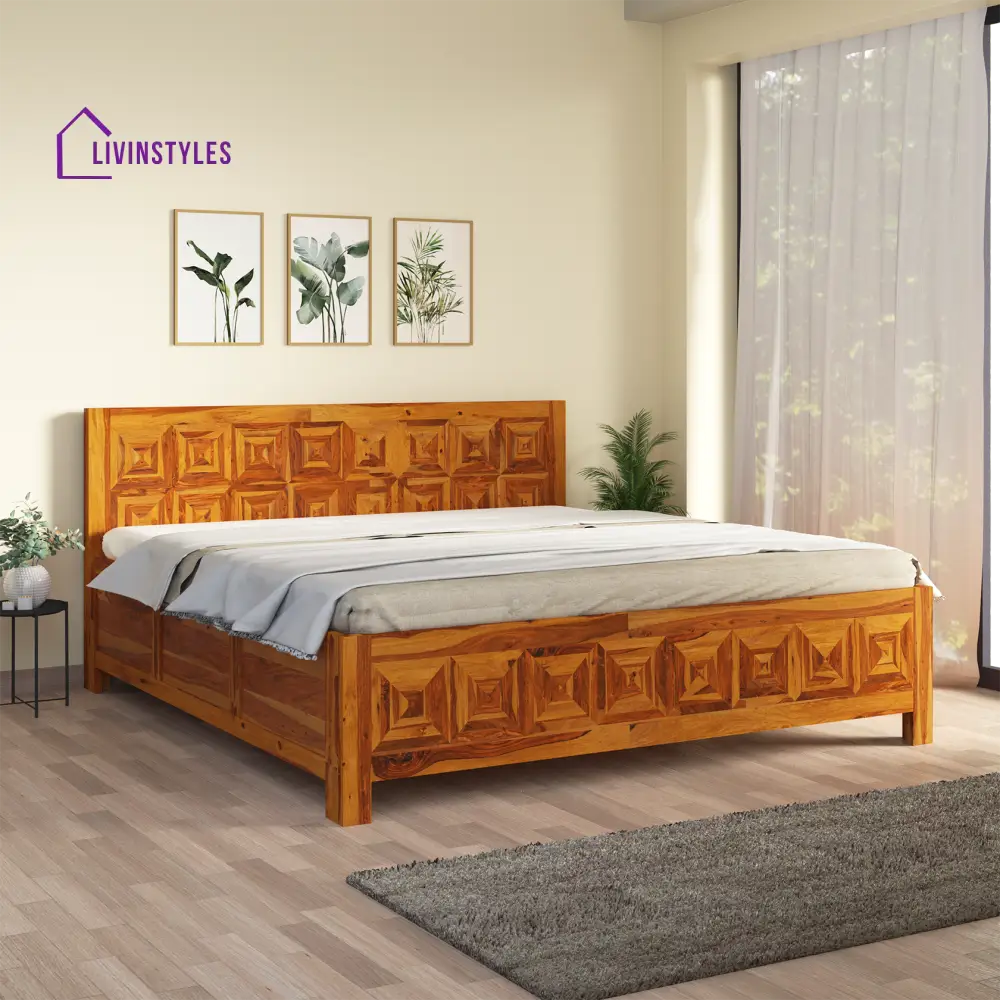 Lilia Sheesham Wood Hydraulic Bed in Light Honey Finish With Box Storage King (78 L x 72 W Inch)