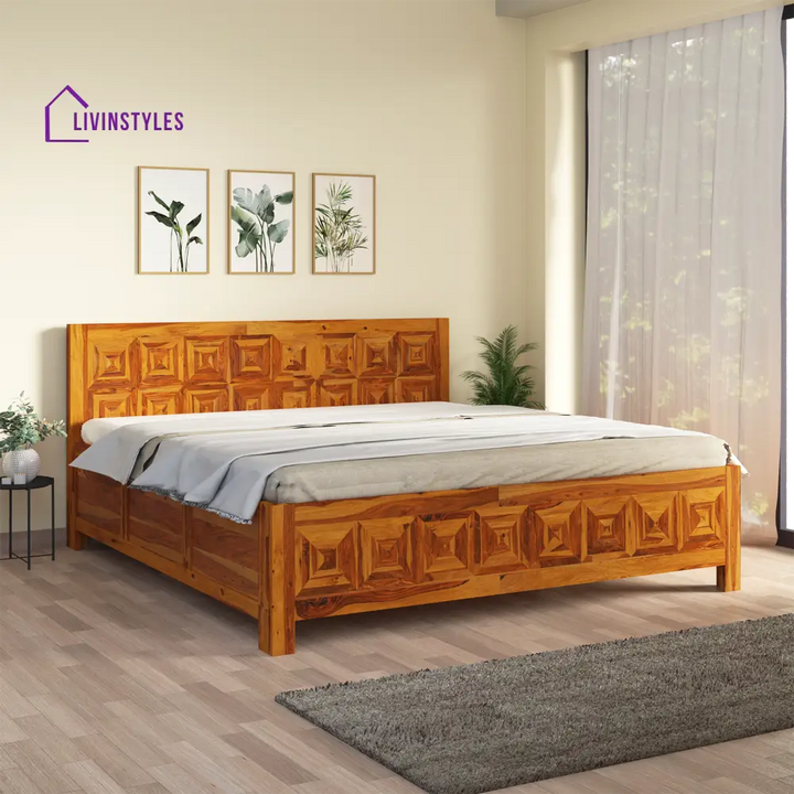 Lilia Sheesham Wood Hydraulic Bed in Light Honey Finish With Box Storage King (78 L x 72 W Inch)