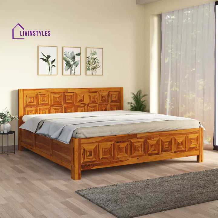 Lilia Sheesham Wood Hydraulic Bed in Light Honey Finish With Box Storage Queen (78 L x 60 W Inch)