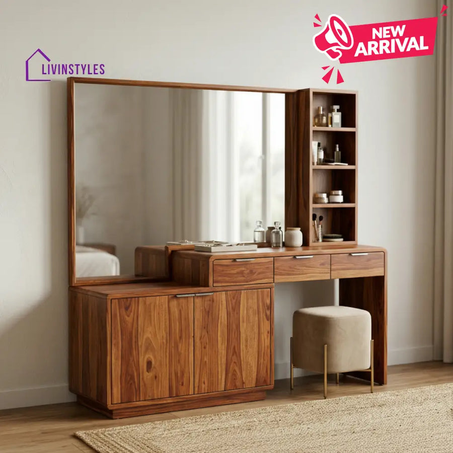 Lily Sheesham Wood Dressing Table with Mirror and Storage (Honey Finish)