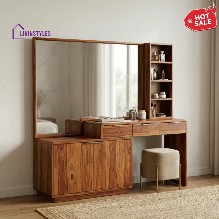 Lily Sheesham Wood Dressing Table with Mirror and Storage (Honey Finish)