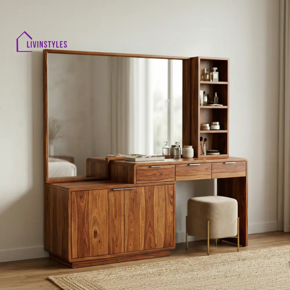 Lily Sheesham Wood Dressing Table with Mirror and Storage (Honey Finish)