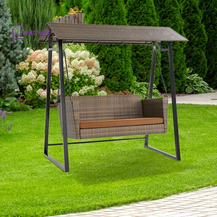 Lince Double Seater Hanging Swing With Stand For Balcony Garden Swing (Brown) - Swings