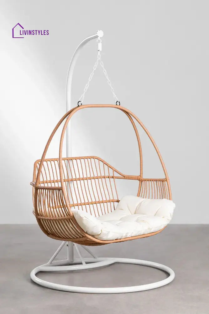 Lino Single Seater Hanging Swing With Stand For Balcony Garden Swing - White + Honey - Swings