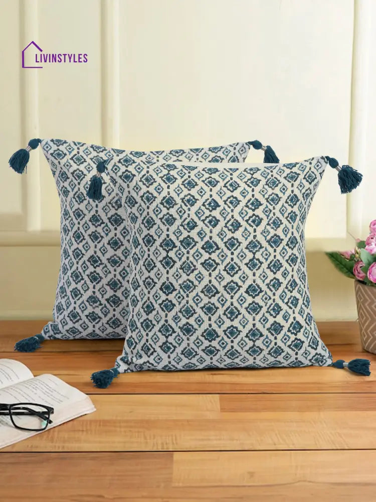 Hand Block Blue Color Cushion Cover Set Of 2(18X18 Inch)