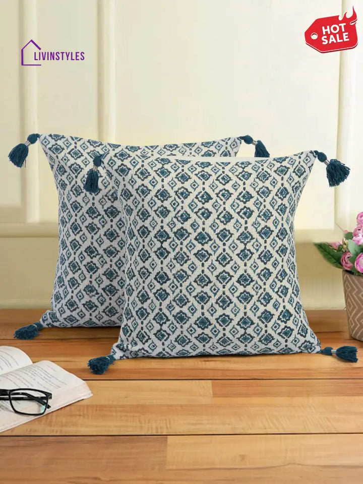 Hand Block Blue Color Cushion Cover Set Of 2(18X18 Inch)