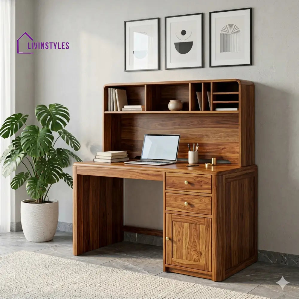 LivIn Styles Justin Solid Sheesham Wood Premium Study Table with Integrated Hutch