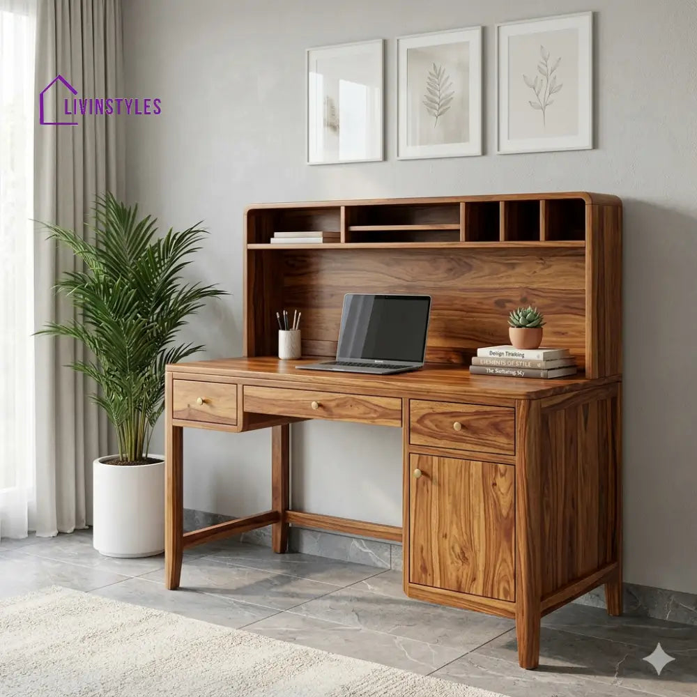 LivIn Styles Kevin Premium Solid Sheesham Wood Study Table with Hutch for Home