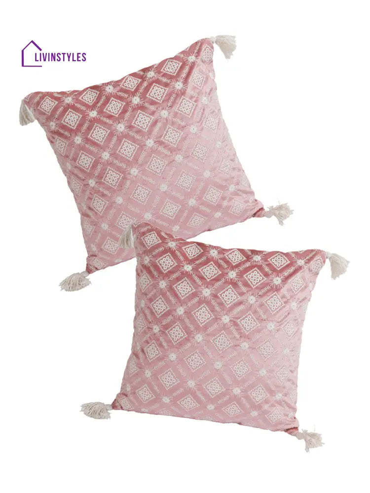 Eyda Super Soft Pink Color Set Of 2 Embroidered Cushion Cover-18X18 Inch