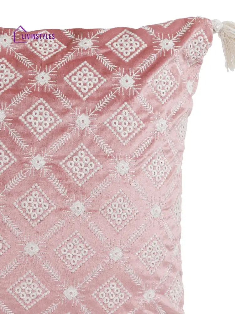 Eyda Super Soft Pink Color Set Of 2 Embroidered Cushion Cover-18X18 Inch