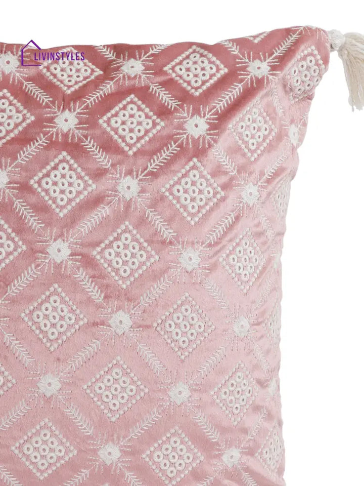 Eyda Super Soft Pink Color Set Of 2 Embroidered Cushion Cover-18X18 Inch