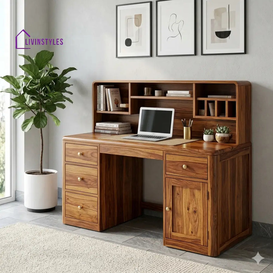 LivIn Styles William Solid Sheesham Wood Study Table for Home 100% Solid Sheesham Wood Rich Honey Walnut Finish
