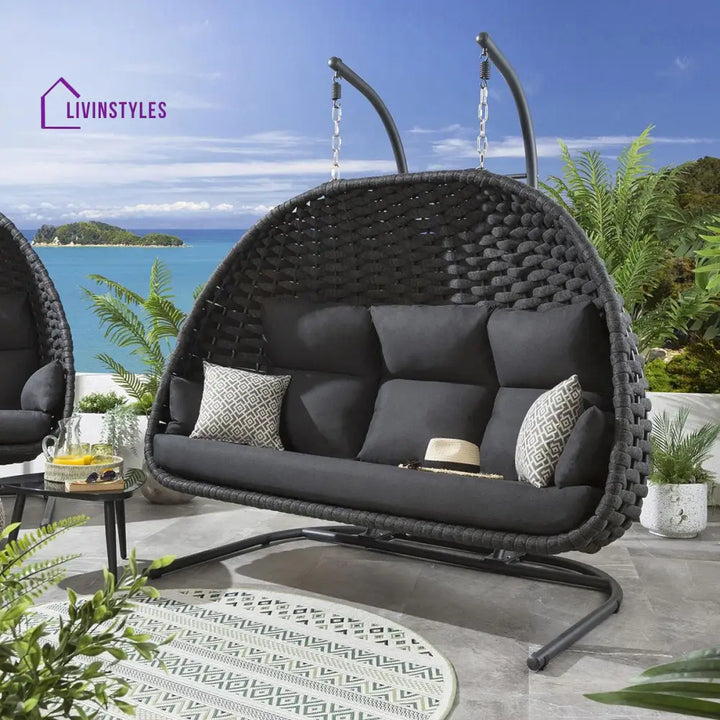 Lleu Three Seater Hanging Swing With Stand For Balcony Garden Swing (Grey) Braid & Rope - Swings