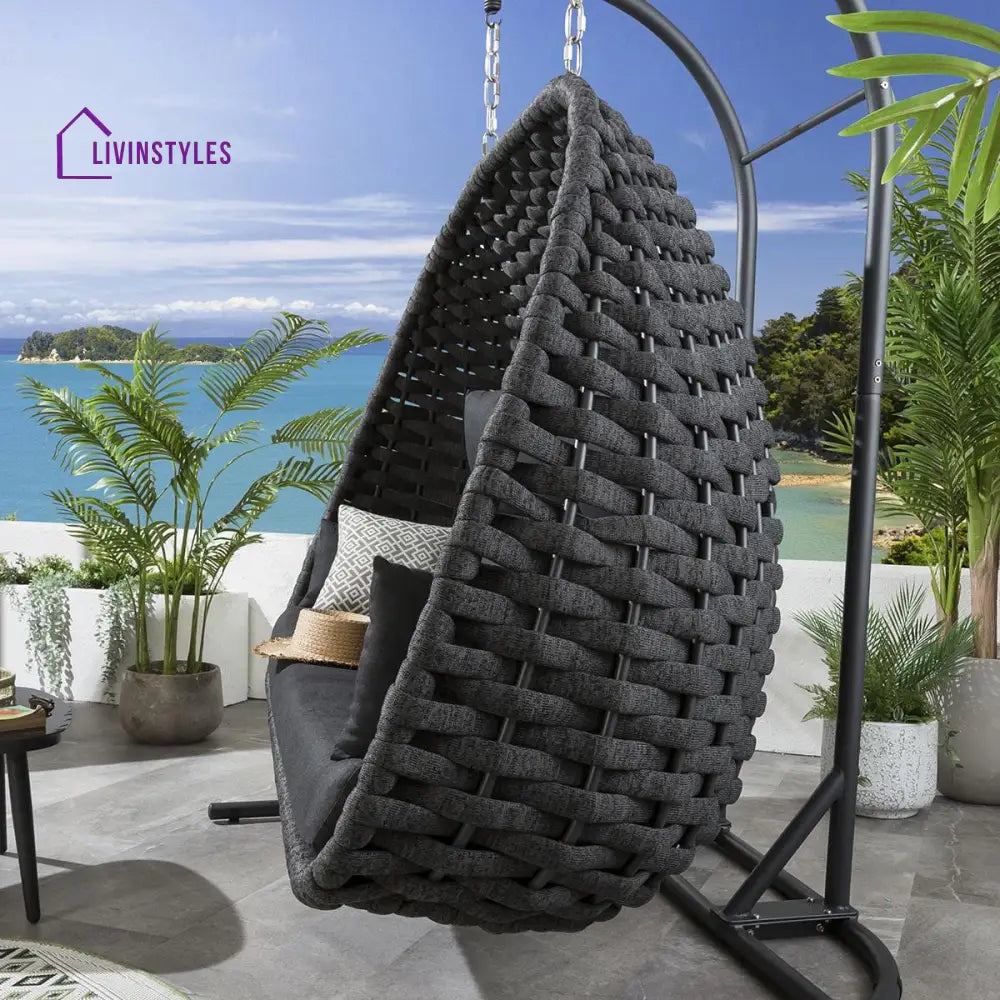 Lleu Three Seater Hanging Swing With Stand For Balcony Garden Swing (Grey) Braid & Rope - Swings