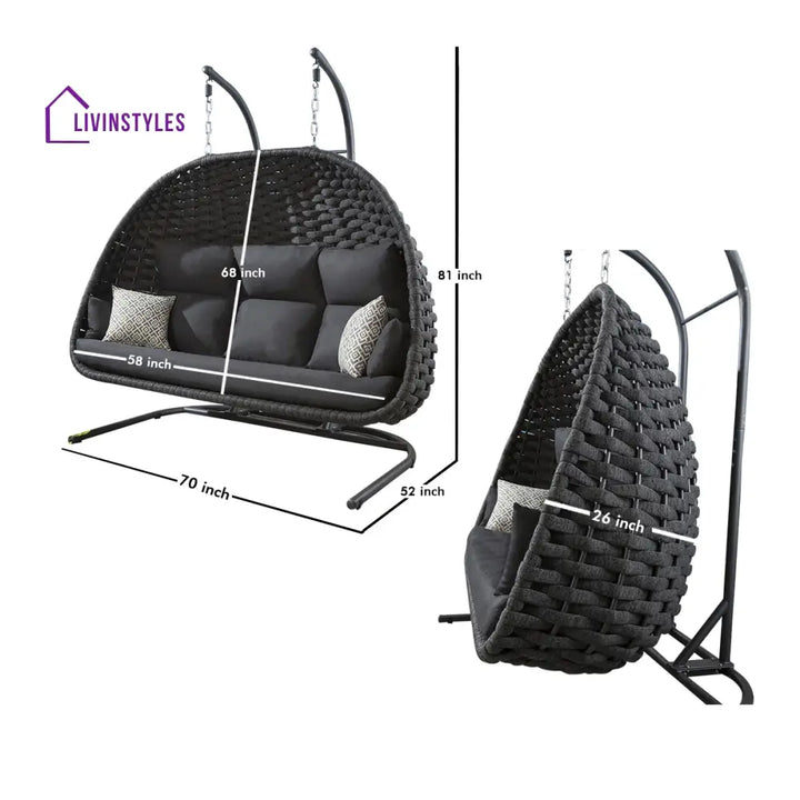 Lleu Three Seater Hanging Swing With Stand For Balcony Garden Swing (Grey) Braid & Rope - Swings