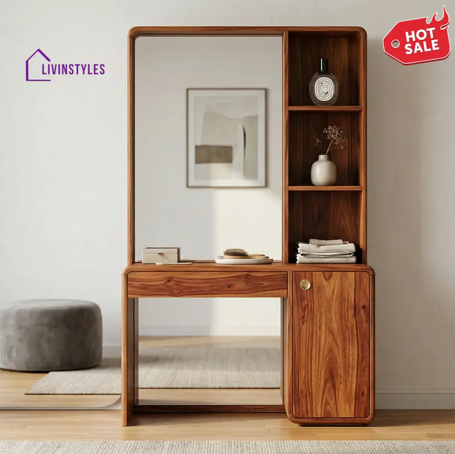 Logan Sheesham Wood Dressing Table with Mirror and Storage (Honey Finish)