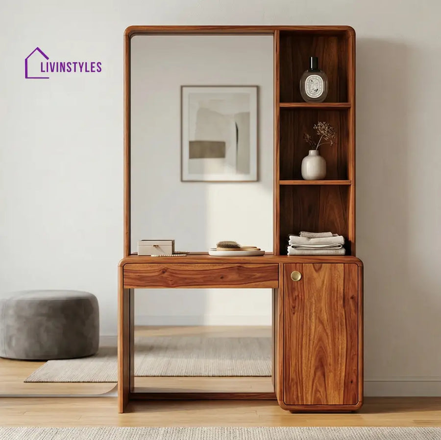 Logan Sheesham Wood Dressing Table with Mirror and Storage (Honey Finish)