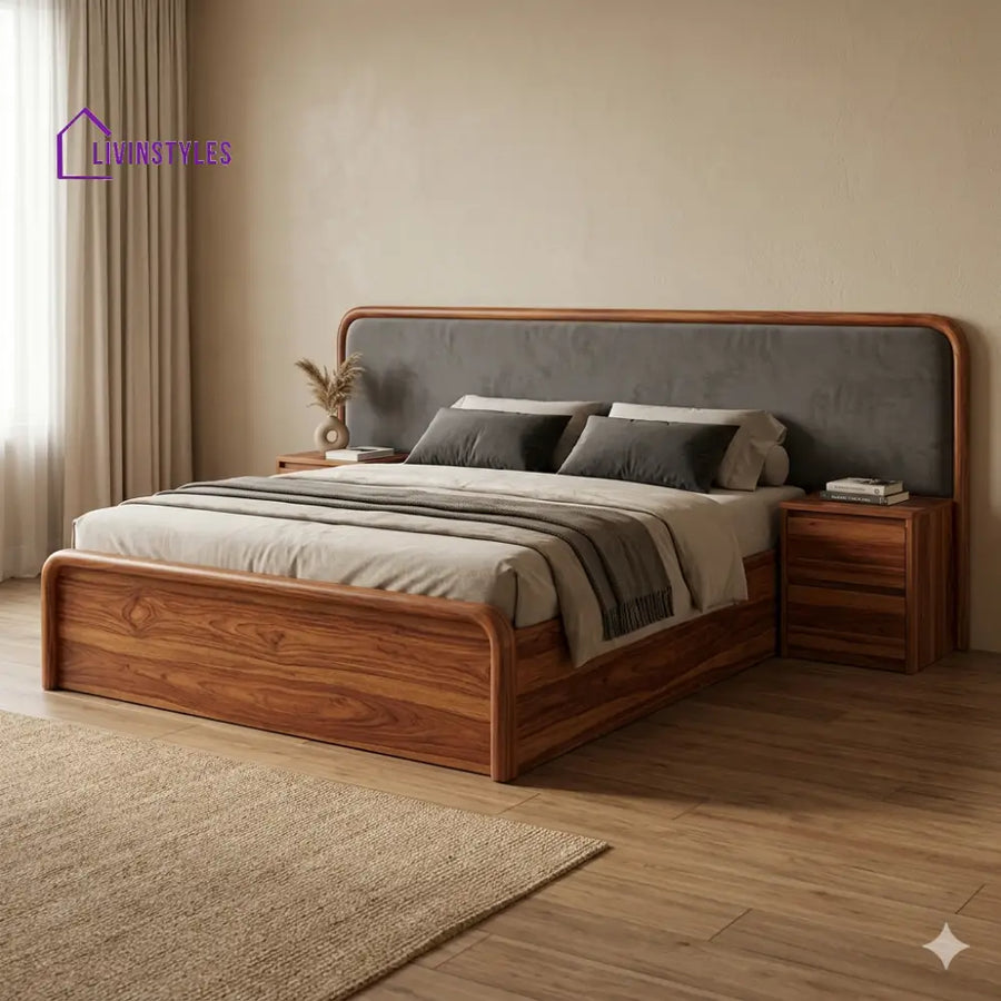 Lokesh Premium Sheesham Wood Bed with Velvet Headboard