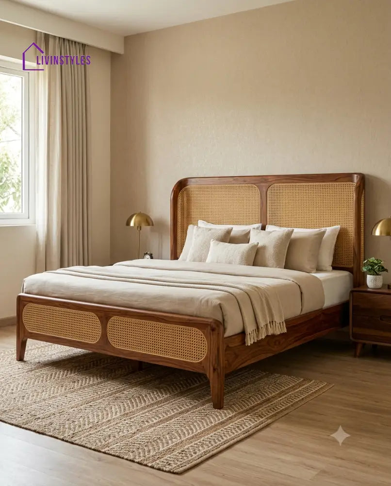 Lokesh Wooden Bed with Cane Weaving Headboard Design | Bed without Storage
