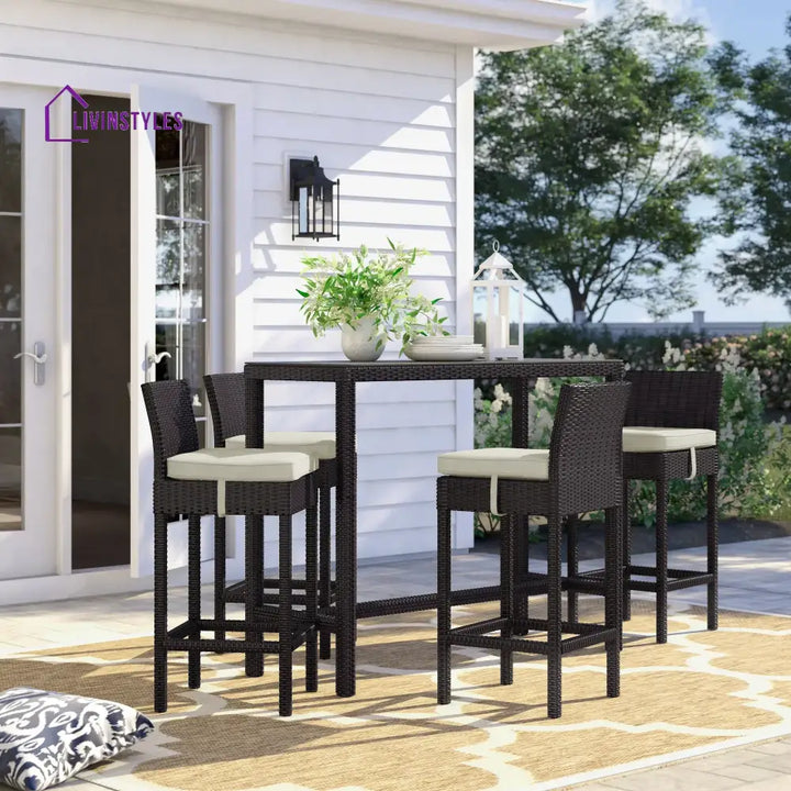 Lomeo Outdoor Patio Bar Sets 4 Chairs and 1 Table (Dark Brown) - Cream - Bar Sets