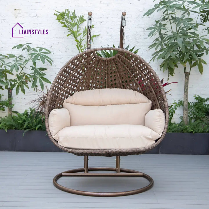 Longo Double Seater Hanging Swing With Stand For Balcony Garden Swing (Brown) - Beige - Swings