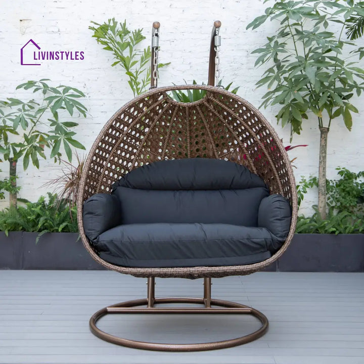 Longo Double Seater Hanging Swing With Stand For Balcony Garden Swing (Brown) - Black - Swings