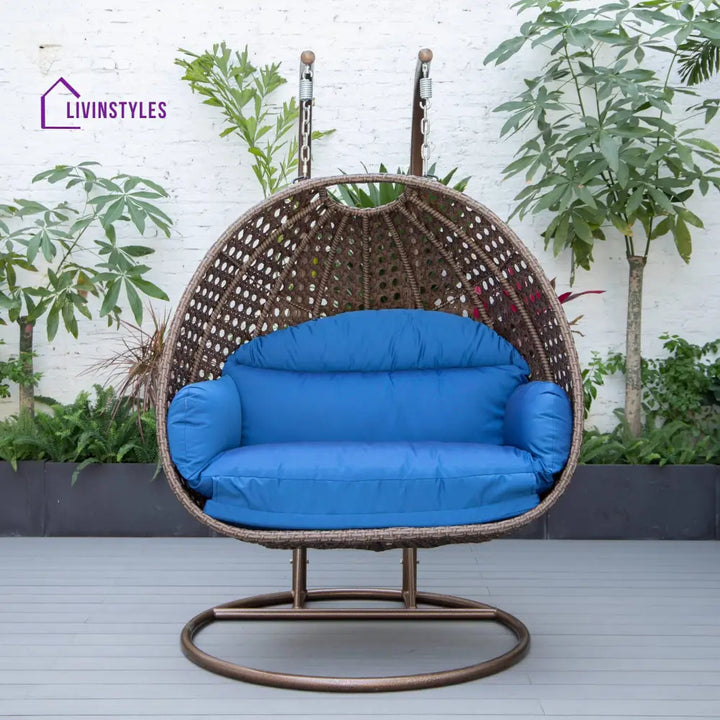 Longo Double Seater Hanging Swing With Stand For Balcony Garden Swing (Brown) - Blue - Swings