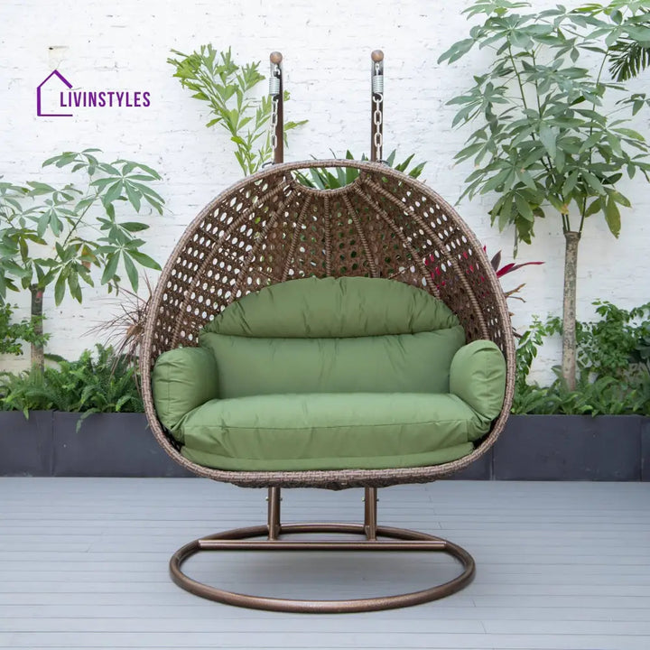 Longo Double Seater Hanging Swing With Stand For Balcony Garden Swing (Brown) - Dark Green - Swings