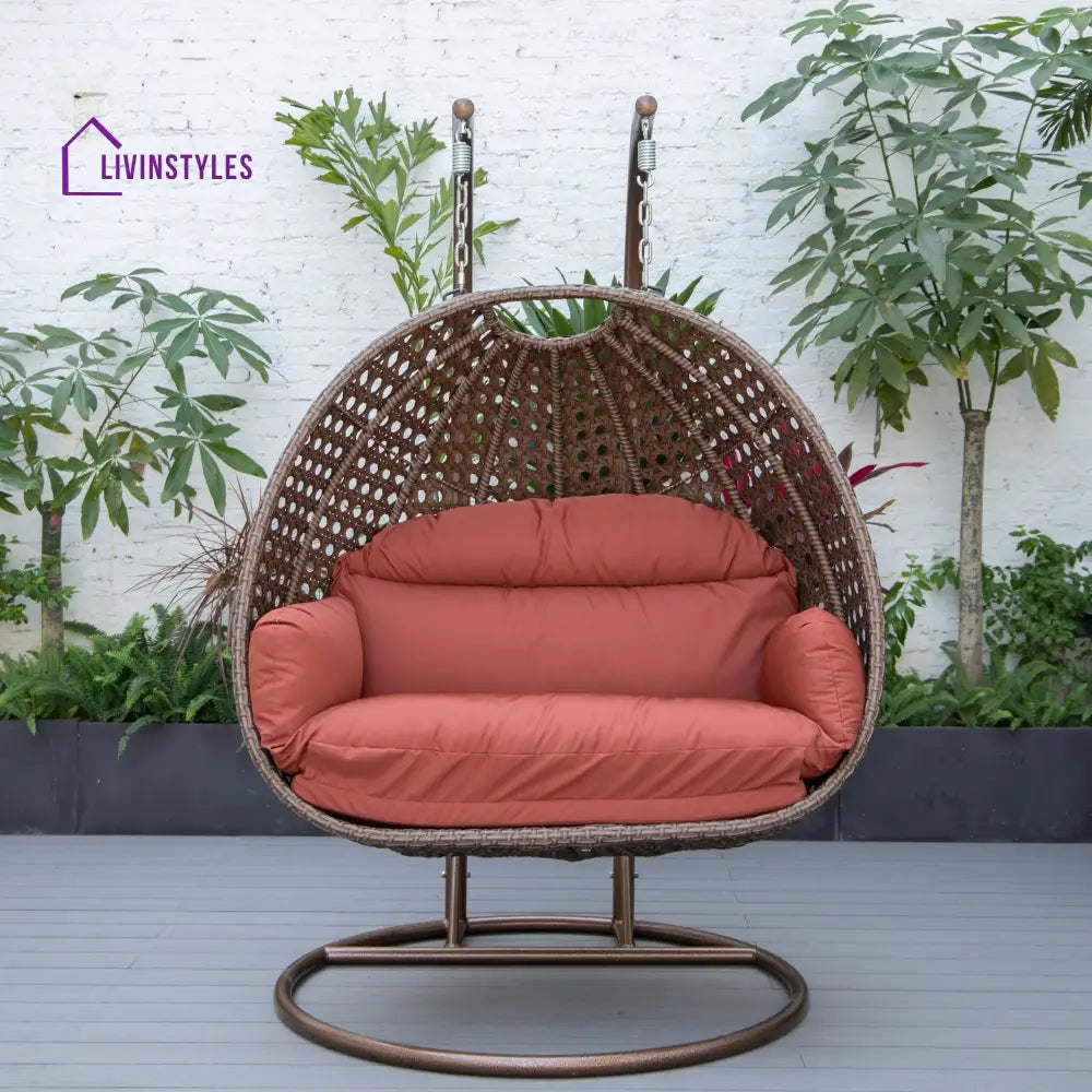 Longo Double Seater Hanging Swing With Stand For Balcony Garden Swing (Brown) - Dark Orange - Swings