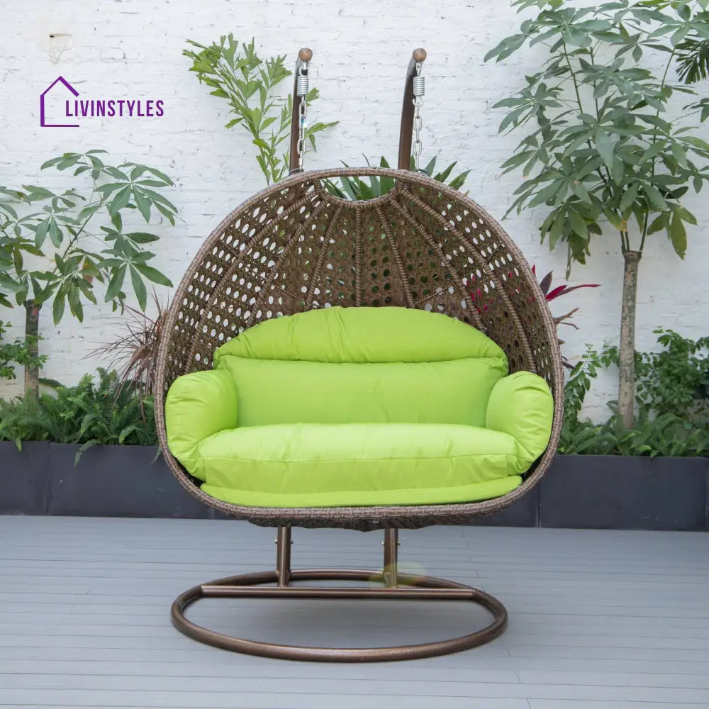 Longo Double Seater Hanging Swing With Stand For Balcony Garden Swing (Brown) - Light Green - Swings