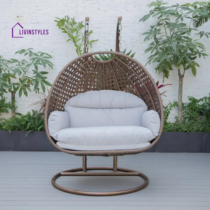 Longo Double Seater Hanging Swing With Stand For Balcony Garden Swing (Brown) - Light Grey - Swings