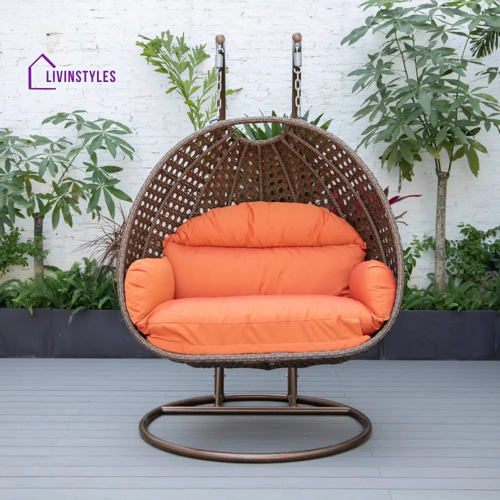 Longo Double Seater Hanging Swing With Stand For Balcony Garden Swing (Brown) - Orange - Swings