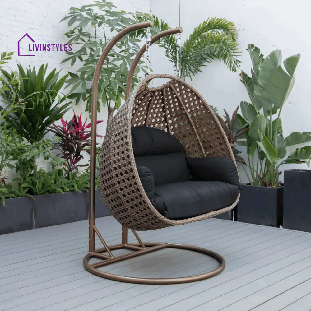 Longo Double Seater Hanging Swing With Stand For Balcony Garden Swing (Brown) - Swings