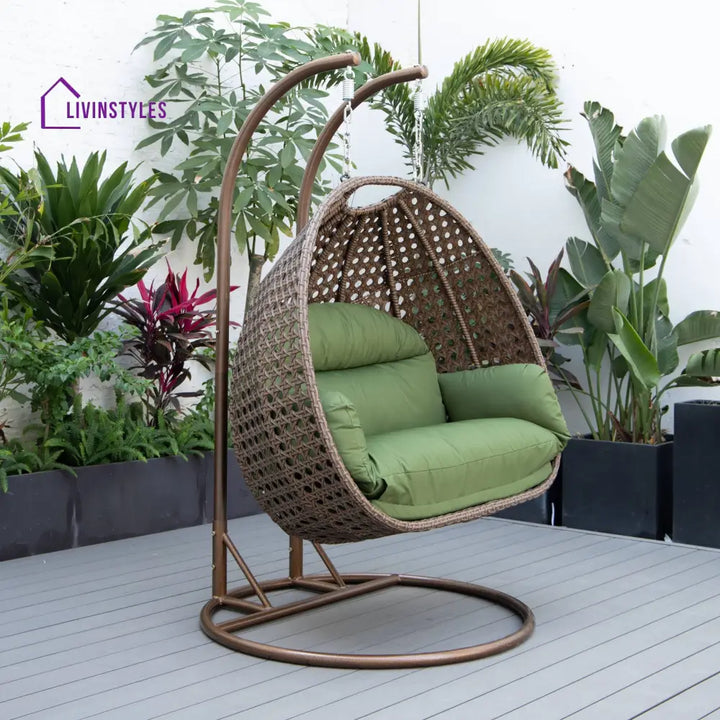 Longo Double Seater Hanging Swing With Stand For Balcony Garden Swing (Brown) - Swings