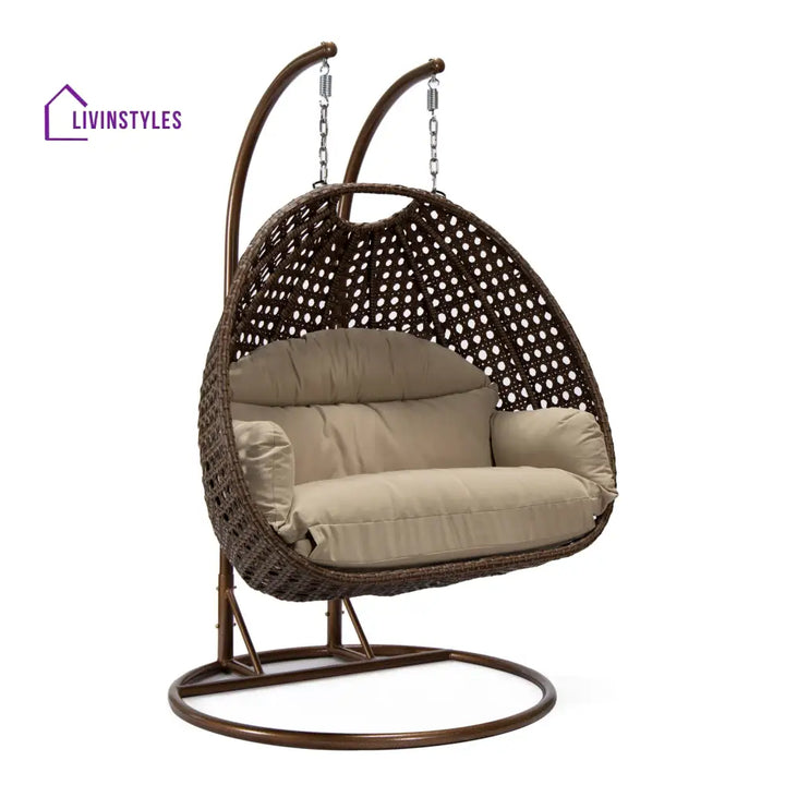 Longo Double Seater Hanging Swing With Stand For Balcony Garden Swing (Brown) - Swings