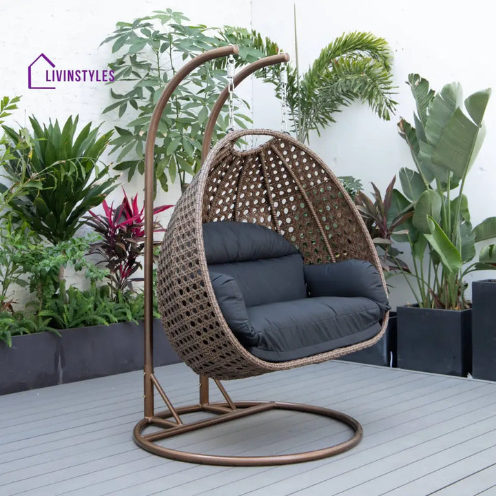 Longo Double Seater Hanging Swing With Stand For Balcony Garden Swing (Brown) - Swings