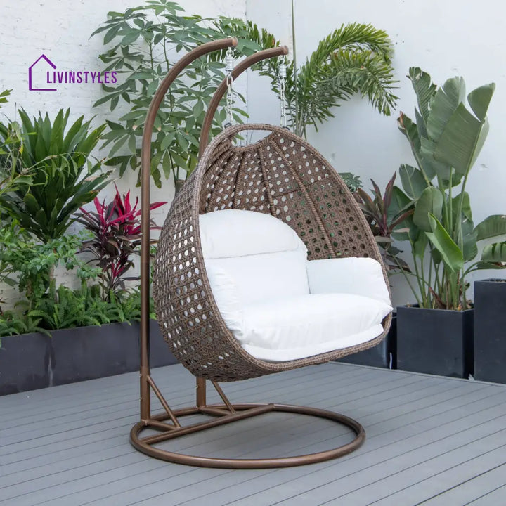 Longo Double Seater Hanging Swing With Stand For Balcony Garden Swing (Brown) - Swings