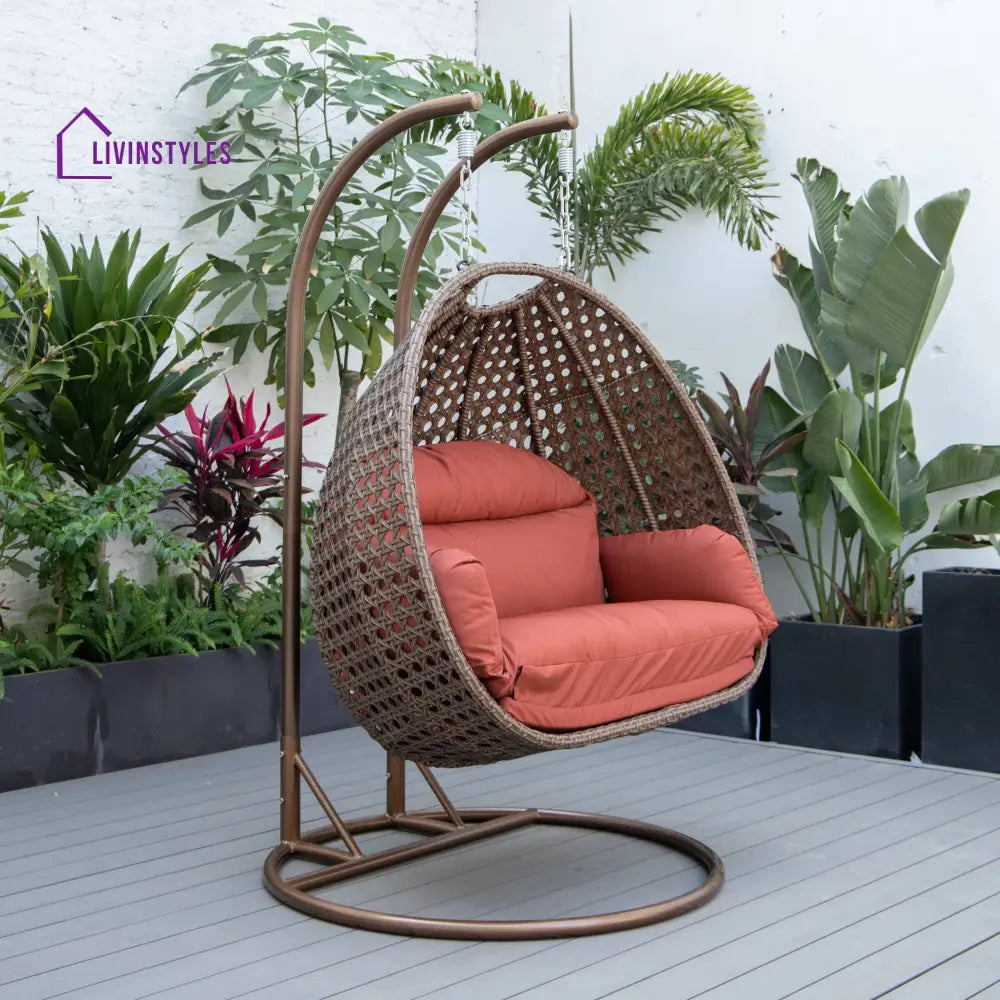 Longo Double Seater Hanging Swing With Stand For Balcony Garden Swing (Brown) - Swings