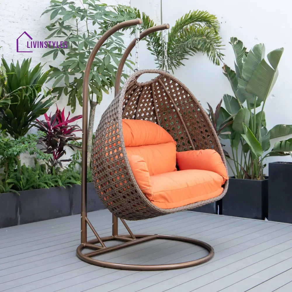 Longo Double Seater Hanging Swing With Stand For Balcony Garden Swing (Brown) - Swings