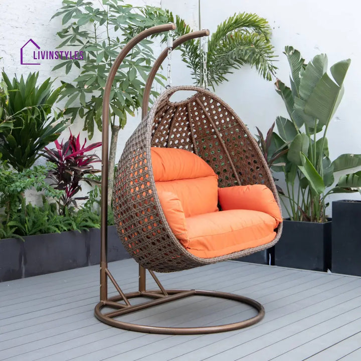Longo Double Seater Hanging Swing With Stand For Balcony Garden Swing (Brown) - Swings