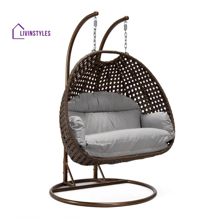 Longo Double Seater Hanging Swing With Stand For Balcony Garden Swing (Brown) - Swings