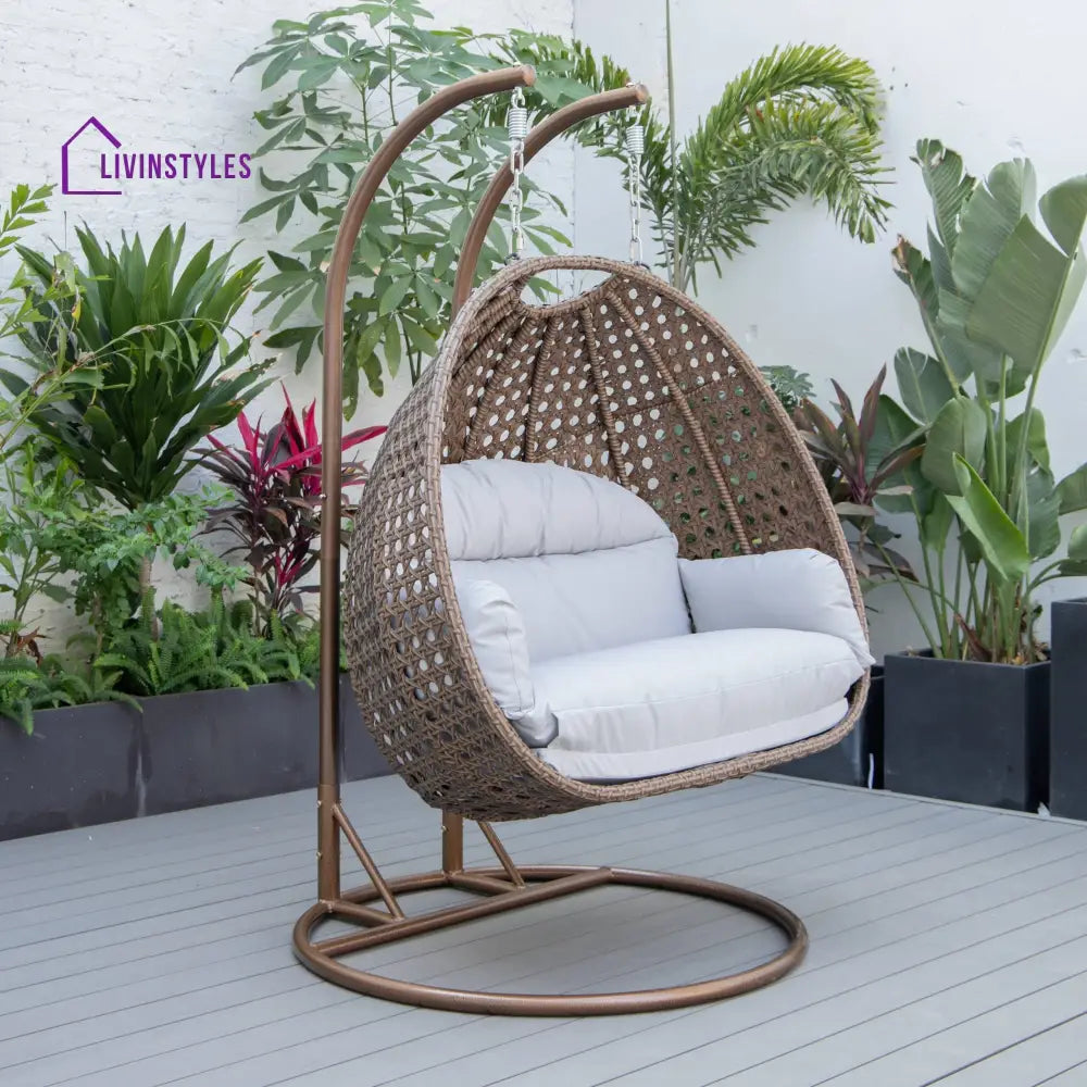 Longo Double Seater Hanging Swing With Stand For Balcony Garden Swing (Brown) - Swings