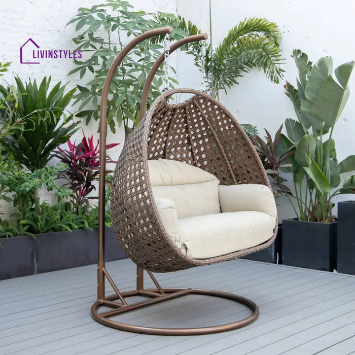 Longo Double Seater Hanging Swing With Stand For Balcony Garden Swing (Brown) - Swings